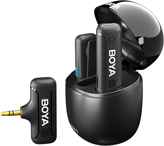Picture of BOYA BY‑WM3T‑M2 Wireless Lavalier Microphone for 3.5mm TRS Smartphone & Camera – 2-in-1 Plug-and-Play Mic with Charging Case, 100 m Range