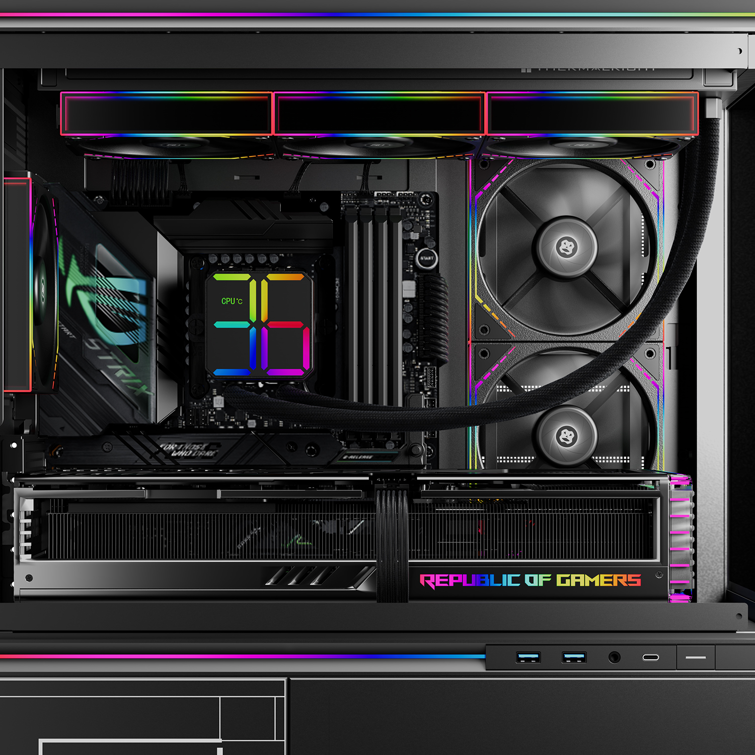 صورة لـ  ثيرمالرايت ماجيك كيوب 360 ARGB أسود – مبرد مائي 360 مم للمعالج، ثلاث مراوح TL-M12Q PWM، شاشة رقمية، إضاءة ARGB