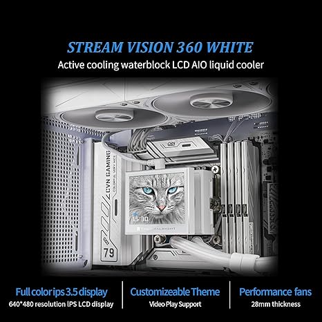 صورة لـ  ثيرمالرايت ستريم فيجن 360 أبيض مبرد سائل للمعالج، 360 مم AIO، شاشة LCD 3.5 بوصة، مراوح ARGB