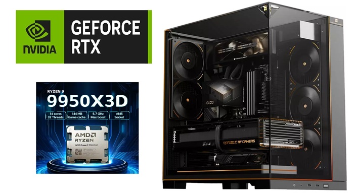 Picture of Gaming PC AMD Ryzen 9 9950X3D CPU ASUS X890 MOBO RTX 5090 32GB VGA 64GB DDR5 6000MTS CL30 1TB NVMe Gen4 TR 360 LCD Liquid Cooler A70 Vision Black Case TR M12 Fans Windows 11 Pro 1350W PSU