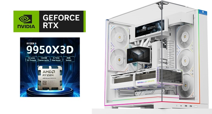 Picture of Gaming PC AMD Ryzen 9 9950X3D CPU ASUS X890 MOBO RTX 5090 32GB VGA 64GB DDR5 6000MTS CL30 1TB NVMe Gen4 TR 360 LCD Liquid Cooler A70 Vision White Case TR M12 Fans Windows 11 Pro 1350W PSU