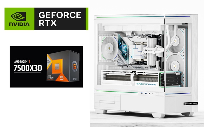 Picture of Gaming PC AMD Ryzen 5 7500X3D CPU ASUS A620M MOBO RTX 5070 12GB VGA 16GB DDR5 5600MTS 1TB NVMe Gen4 TR 240 Liquid Cooler TL M10 White Case TL M12 Fans Windows 11 Pro 750W PSU