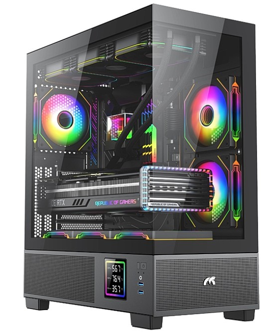 Picture of Tortox Nimbus Prime Tempered Glass ATX/M-ATX/ITX Gaming PC Case with Digital Temperature Display and 6 ARGB Infinite Loop Fans Black